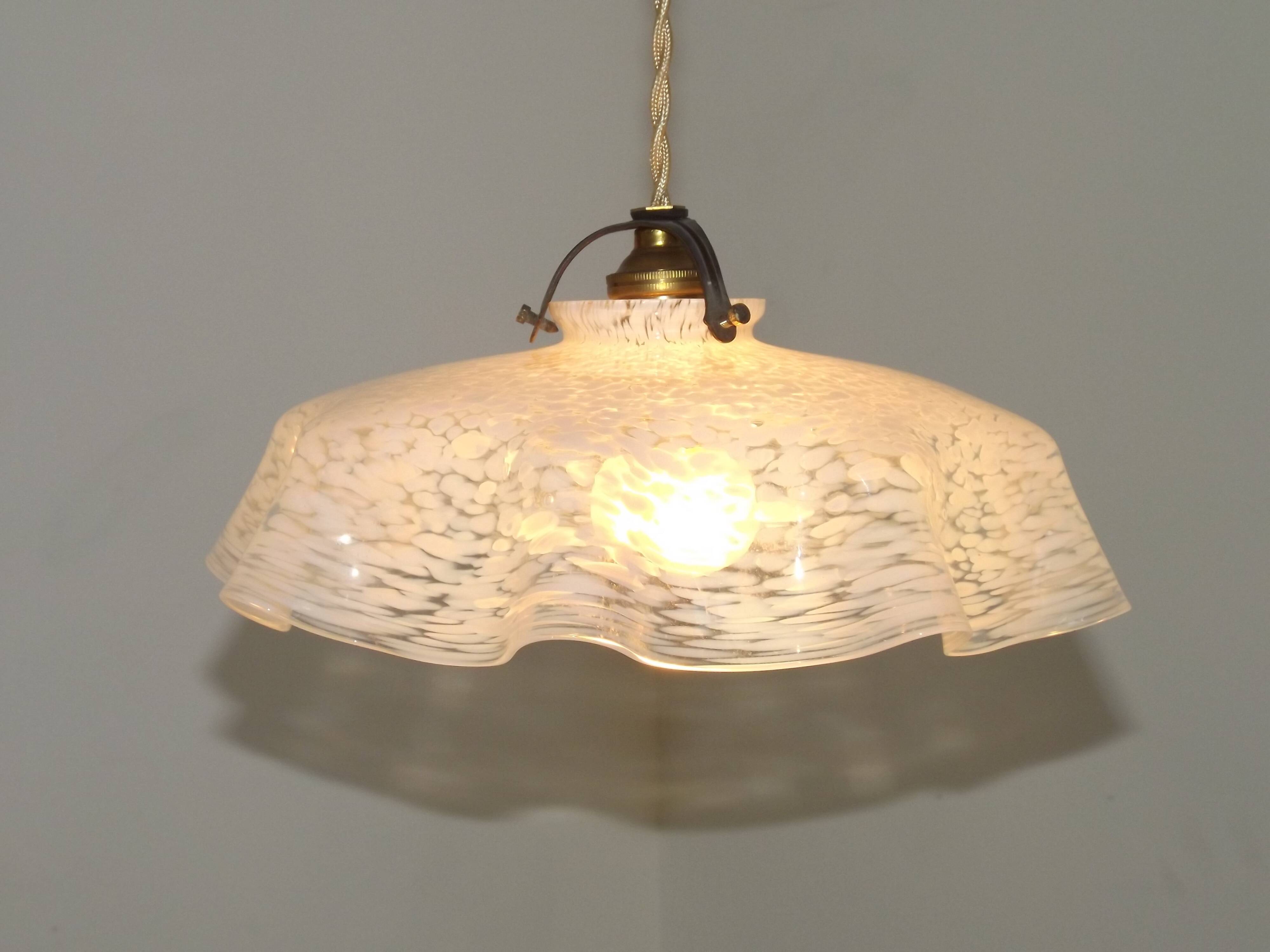 French Vintage 1930s White Frilled Clichy Glass Lampshade Ceiling Light