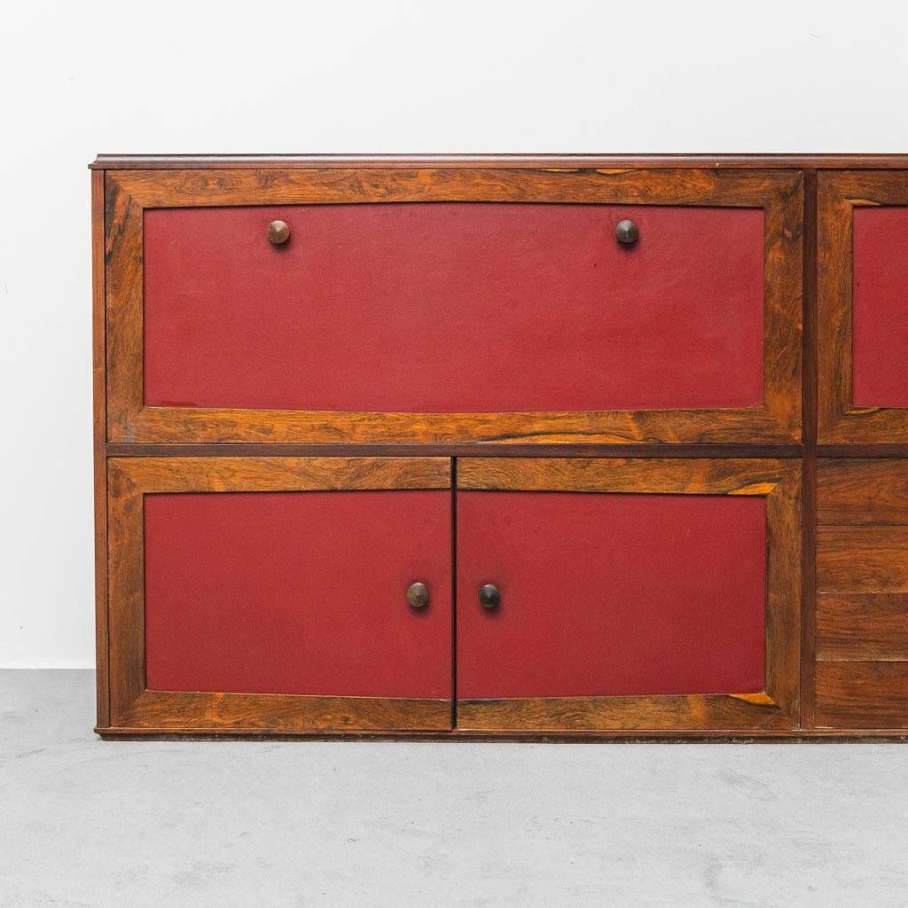 Scandinavian sideboard in dark red wood and leather, 1960s vintage modernism