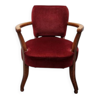 Art Deco Oak Armchair With Red Upholstery, 1920s