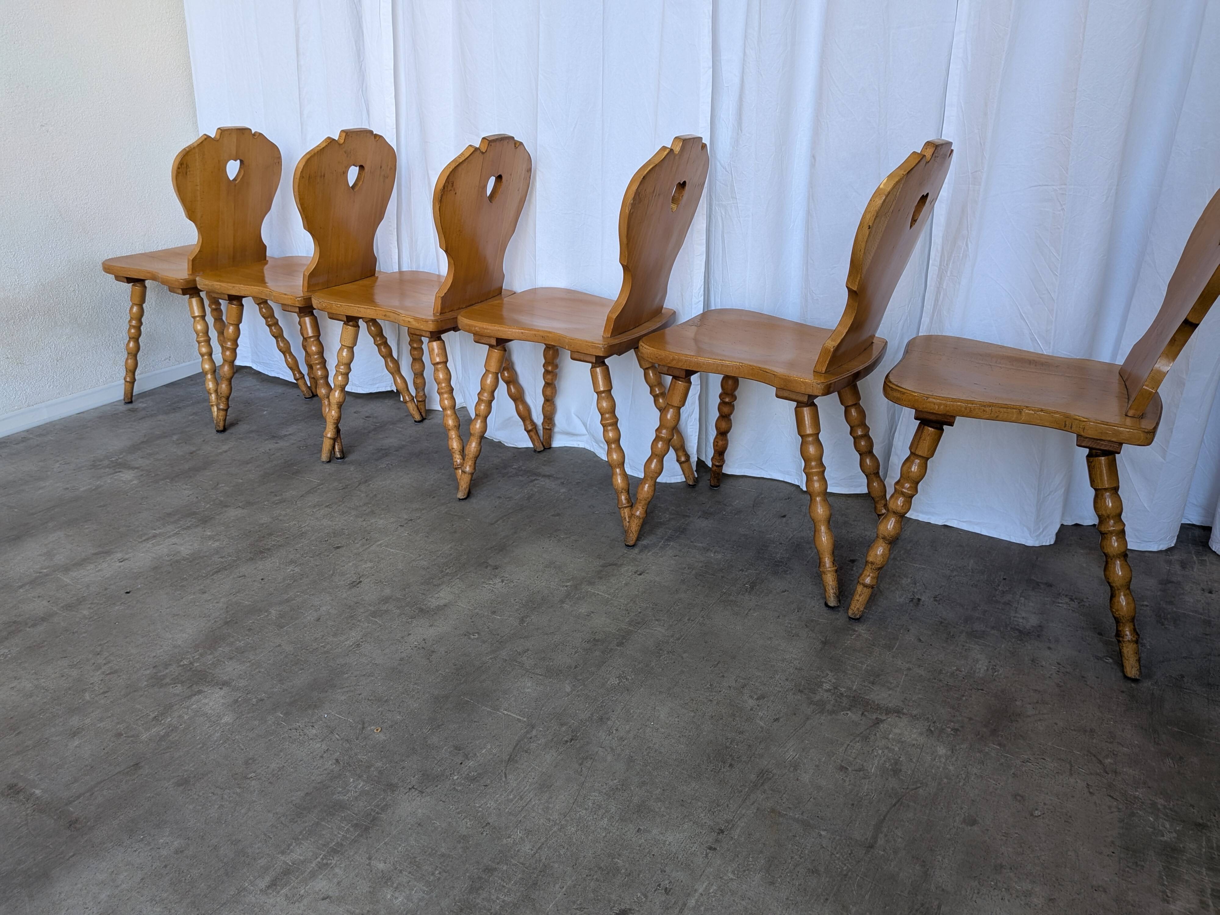 Set of 6 Vintage Tyrolean Heart Cutout Wooden Dining Chairs, Farmhouse