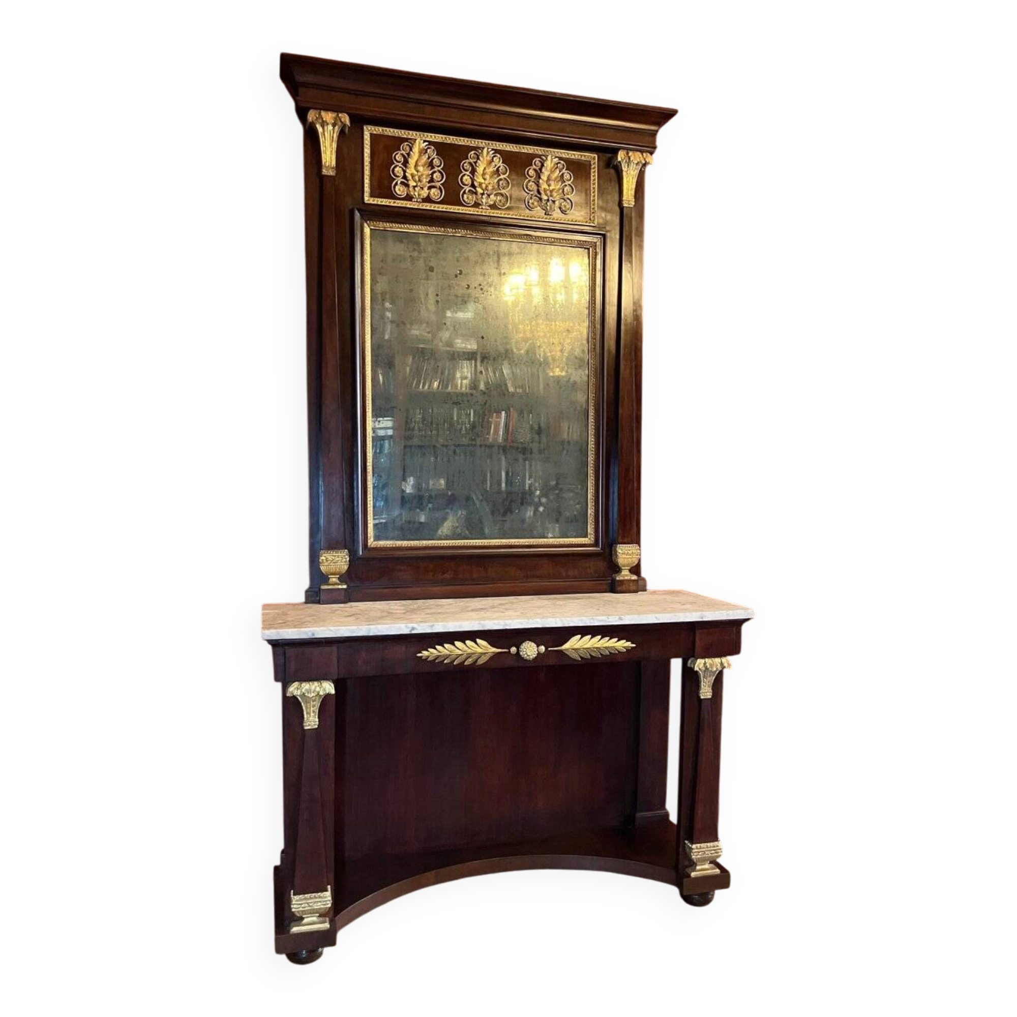 Italian Empire Mahogany and Parcel Gilt Console with Mirror and Carrara Marble Top, Late 18th Century