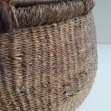 Antique leather wicker basket with handle