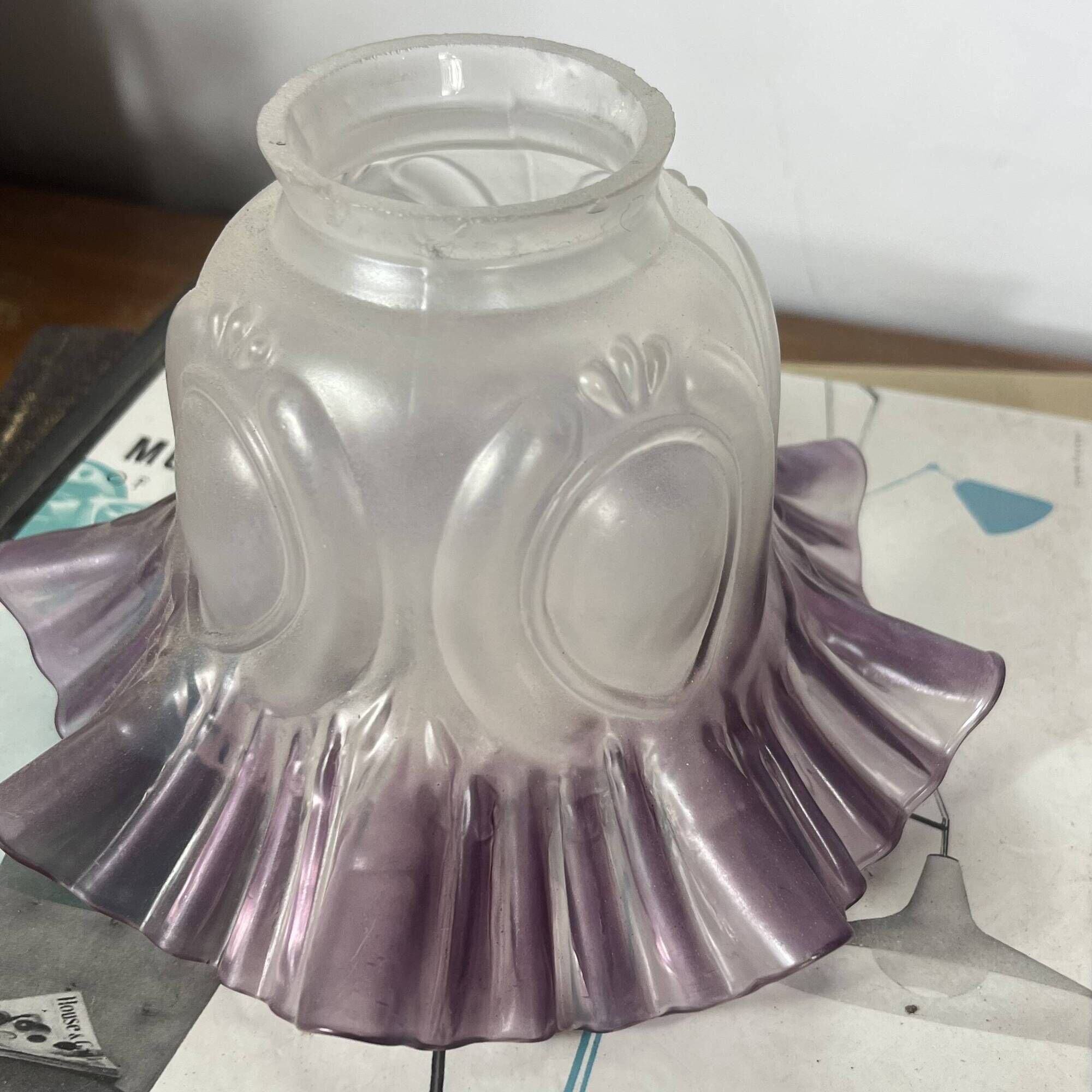 Antique tulip lampshade in transparent glass with a purple rim.
