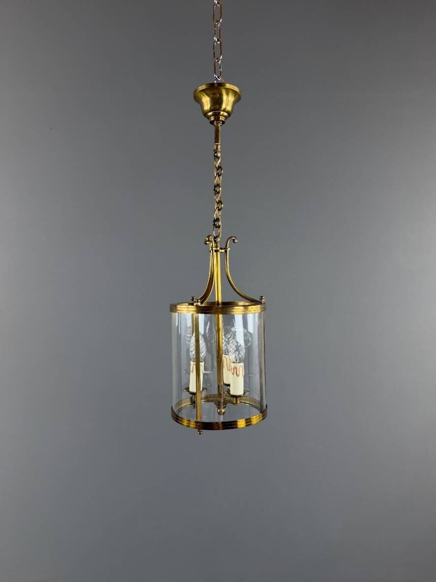 Cylindrical lantern in brass and glass, 20th century