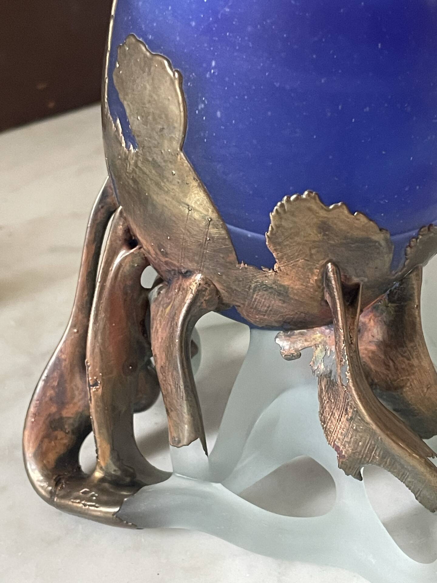 glass paste vase signed, bronze mount