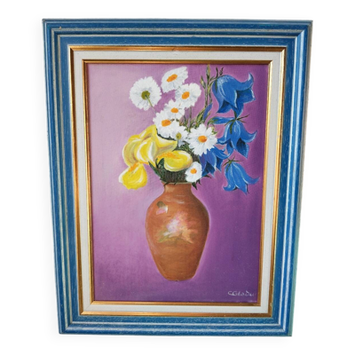 Huile sur toile florale encadrée, nature morte vintage