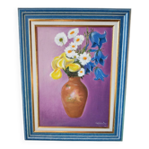 Huile sur toile florale encadrée, nature morte vintage