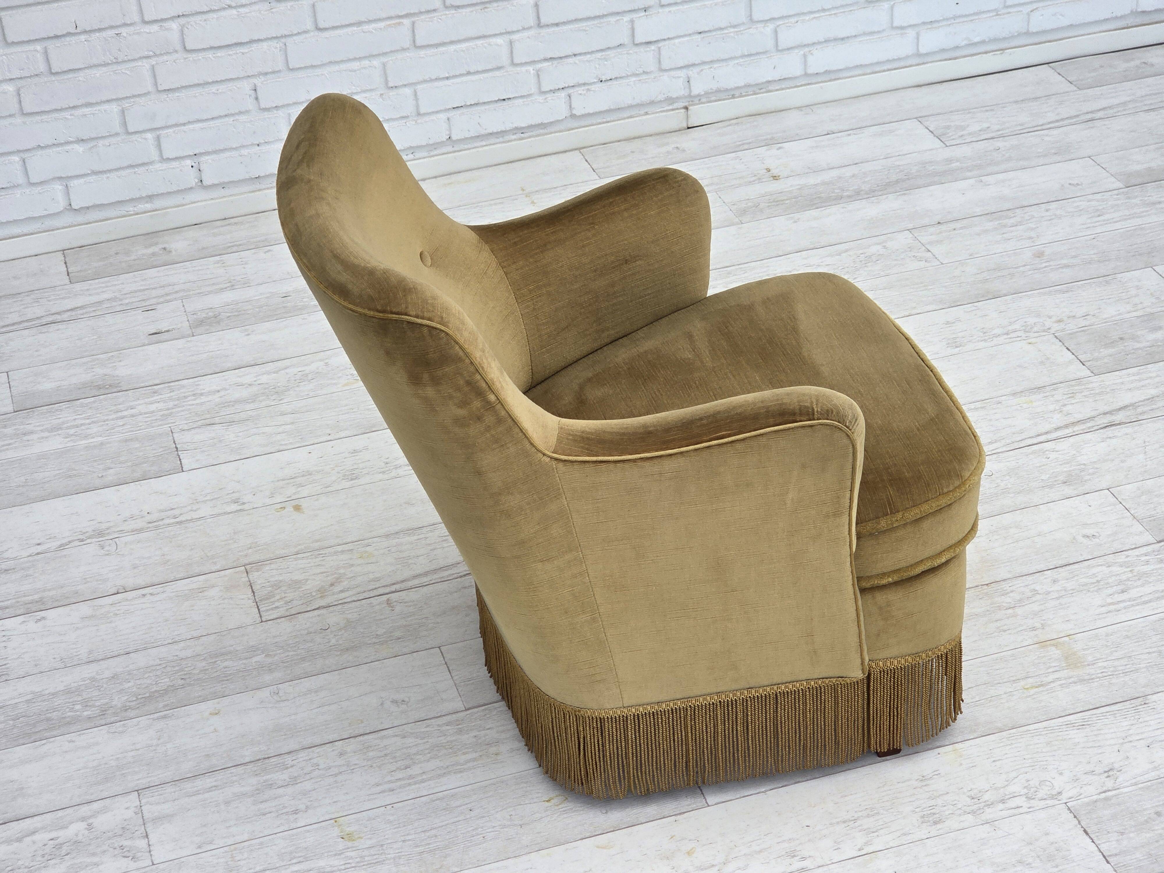1970s, Danish lounge chair, light green furniture velour, beech wood.