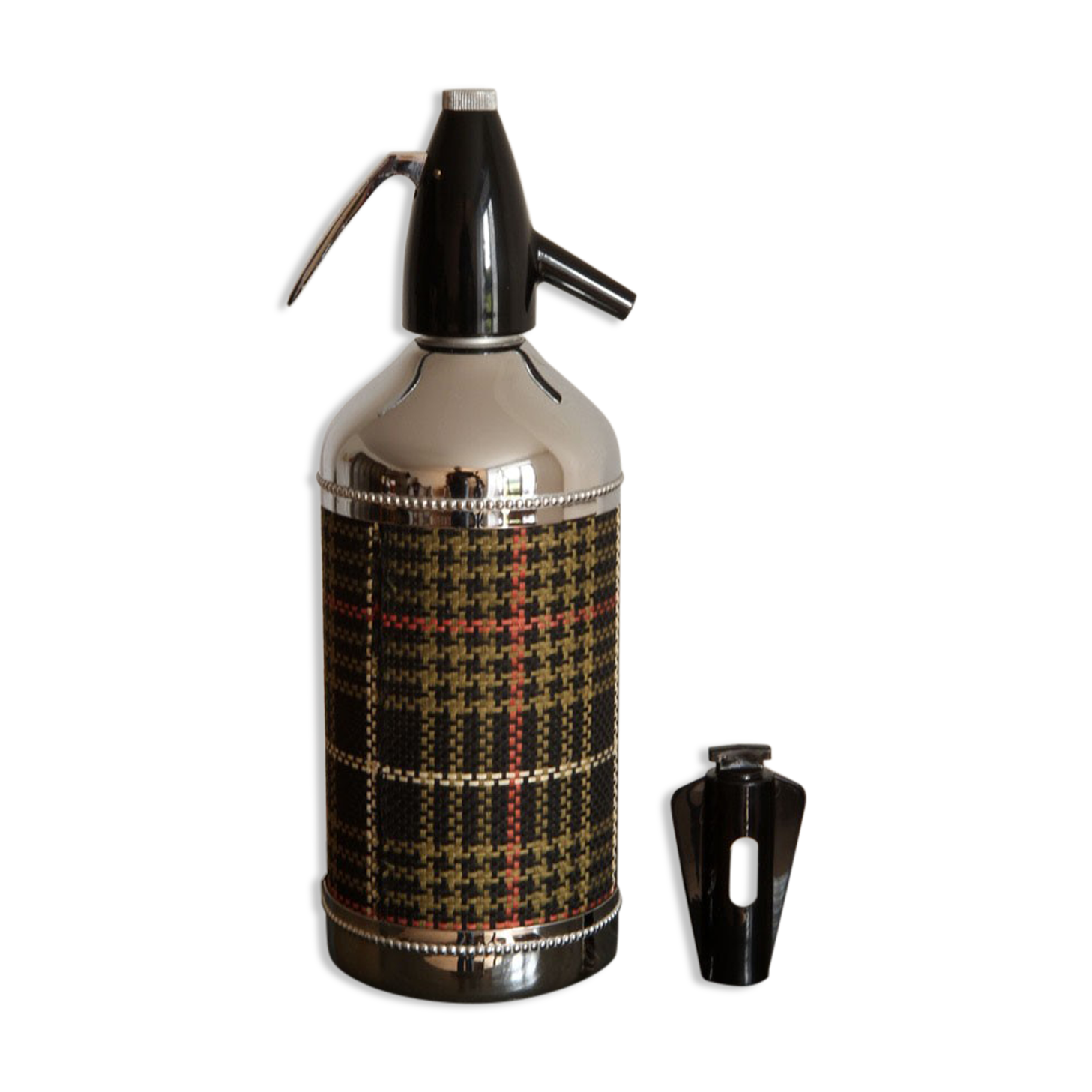 Old vintage siphon Scottish fabrics kitsch of the brand "auto-siphon" Paris.