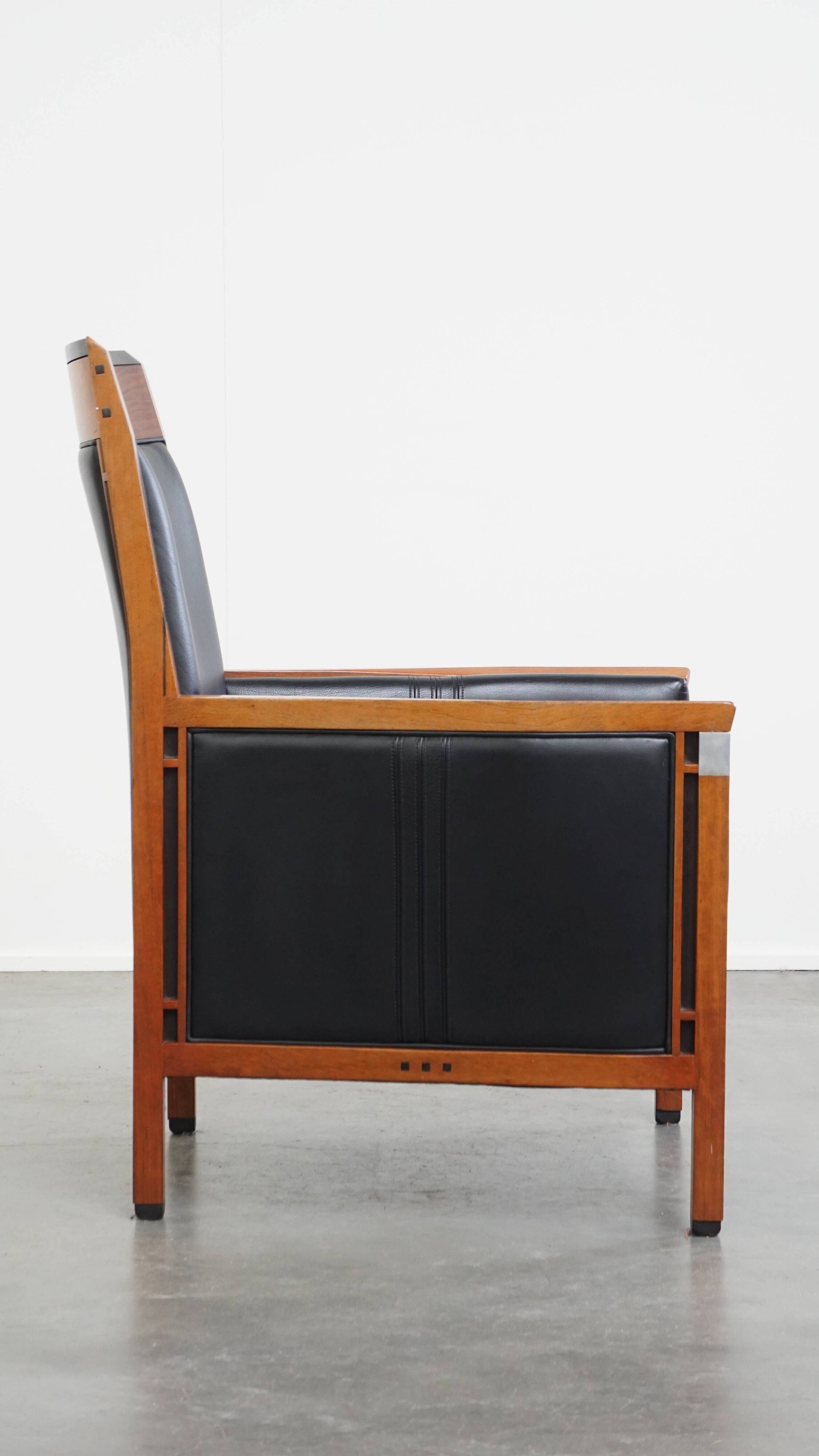 Black Cowhide Leather and Wooden Art Deco Armchair