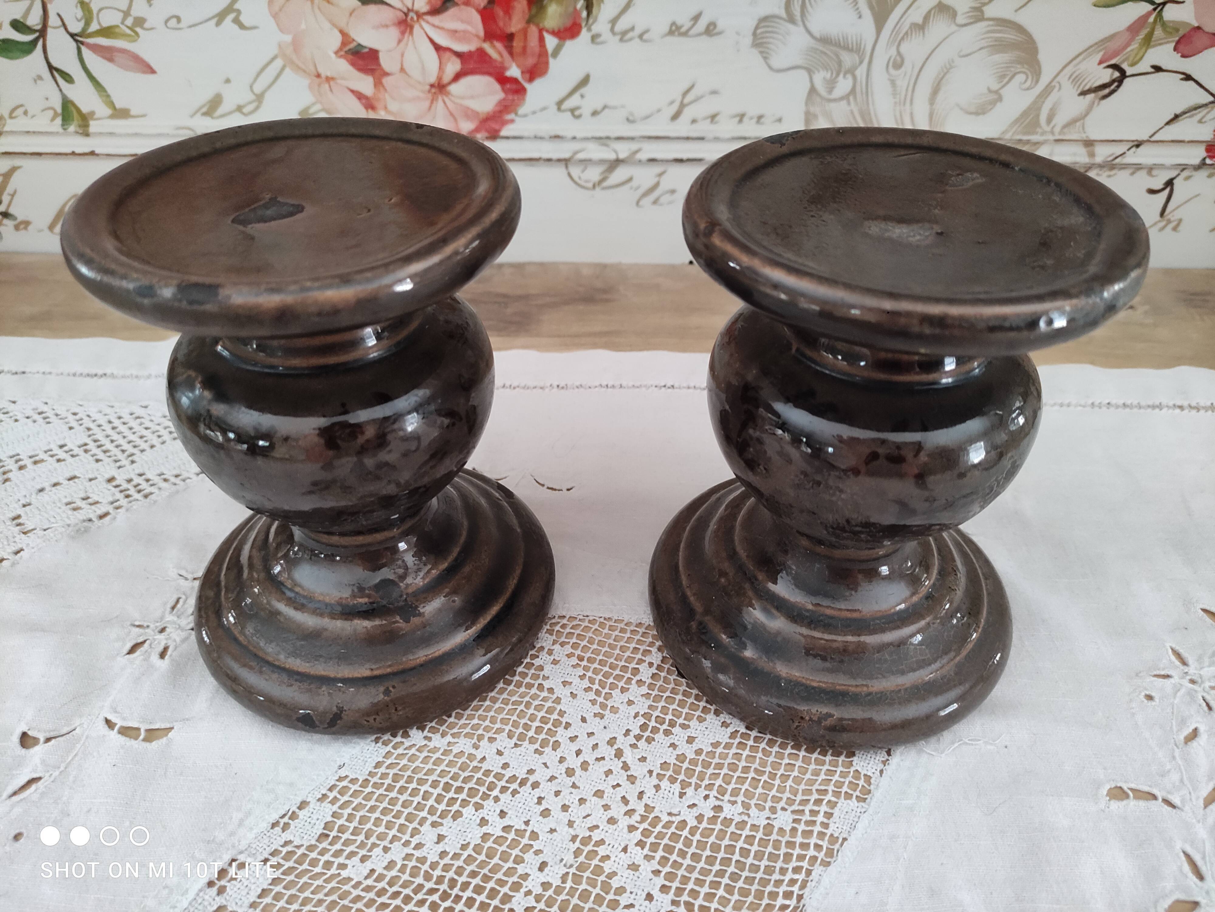 Set of 2 candle holders in brown enamelled terracotta decoration floral pattern tone on tone