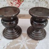 Set of 2 candle holders in brown enamelled terracotta decoration floral pattern tone on tone