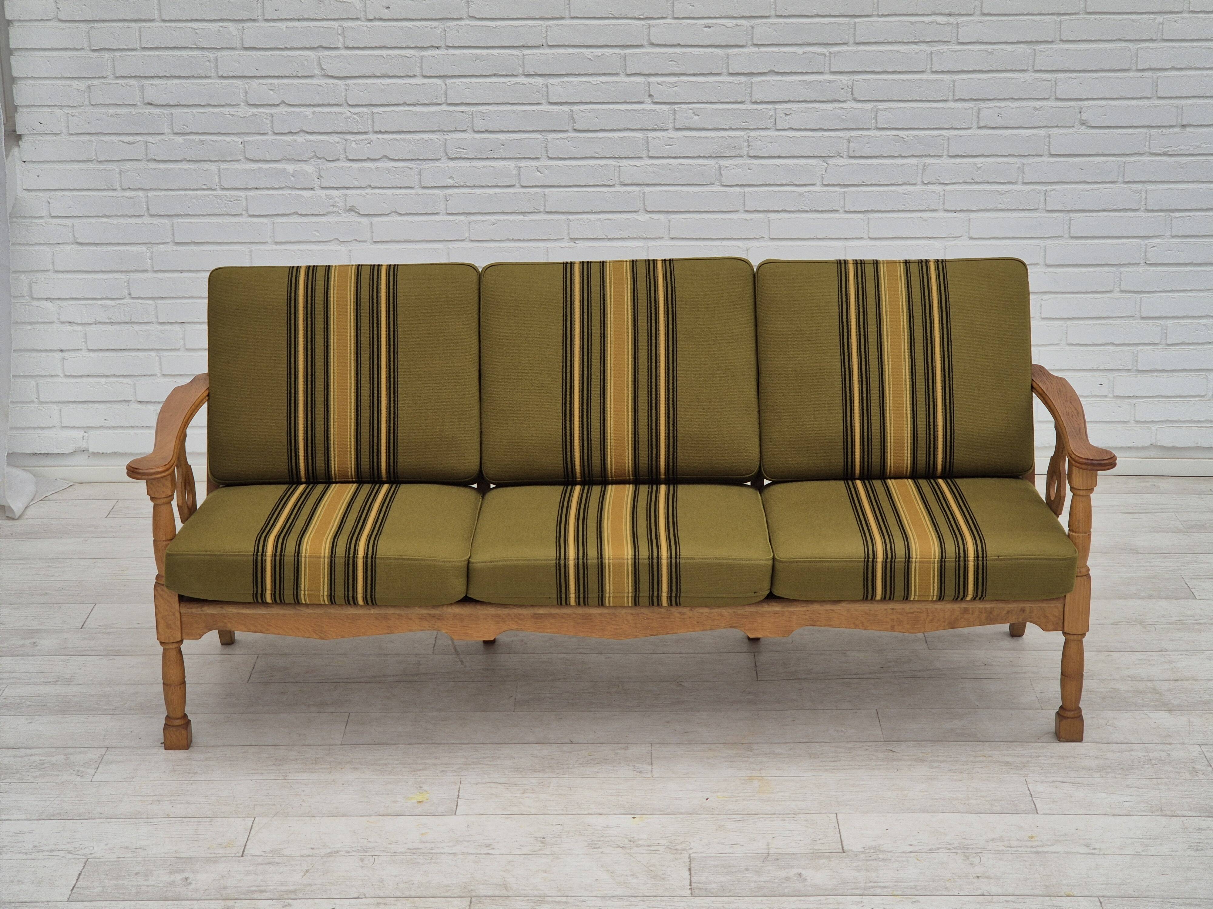 1970s, Danish 3 seater sofa, original condition, furniture wool, solid oak wood.