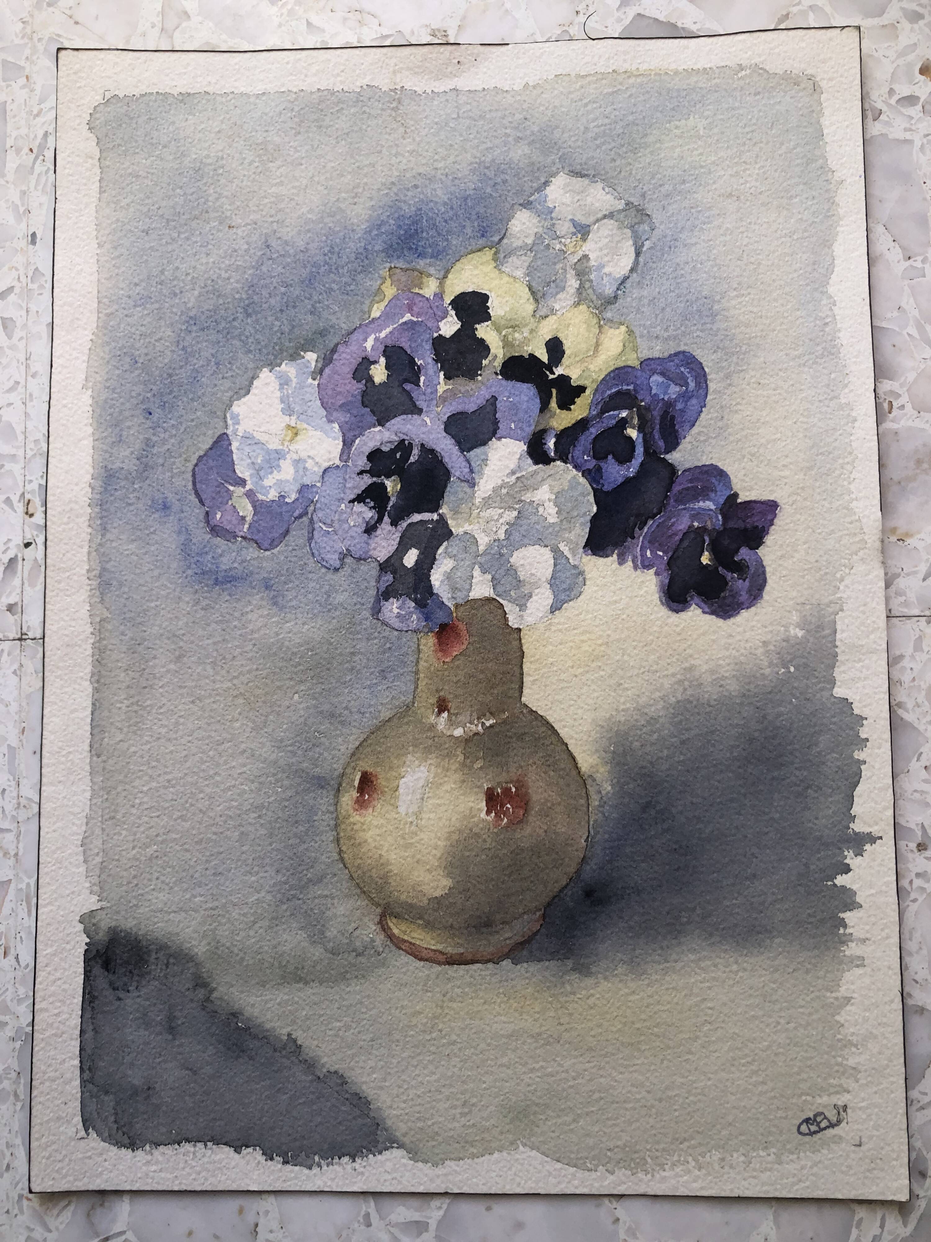 Watercolor painting potiche with pensees flowers, on paper, signed cmb or cmr, still life 1989
