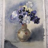Watercolor painting potiche with pensees flowers, on paper, signed cmb or cmr, still life 1989