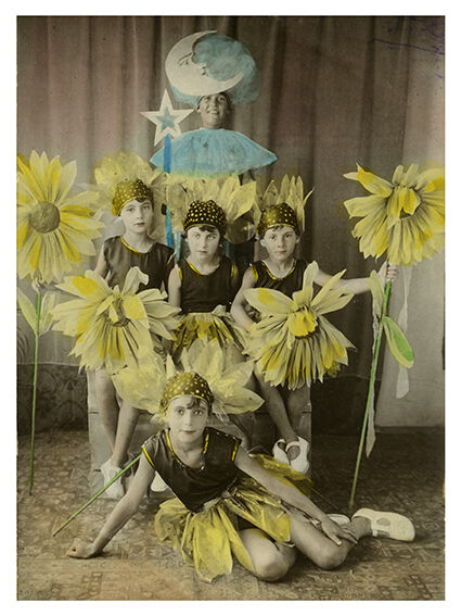 Photograph of five girls disguised as sunflowers