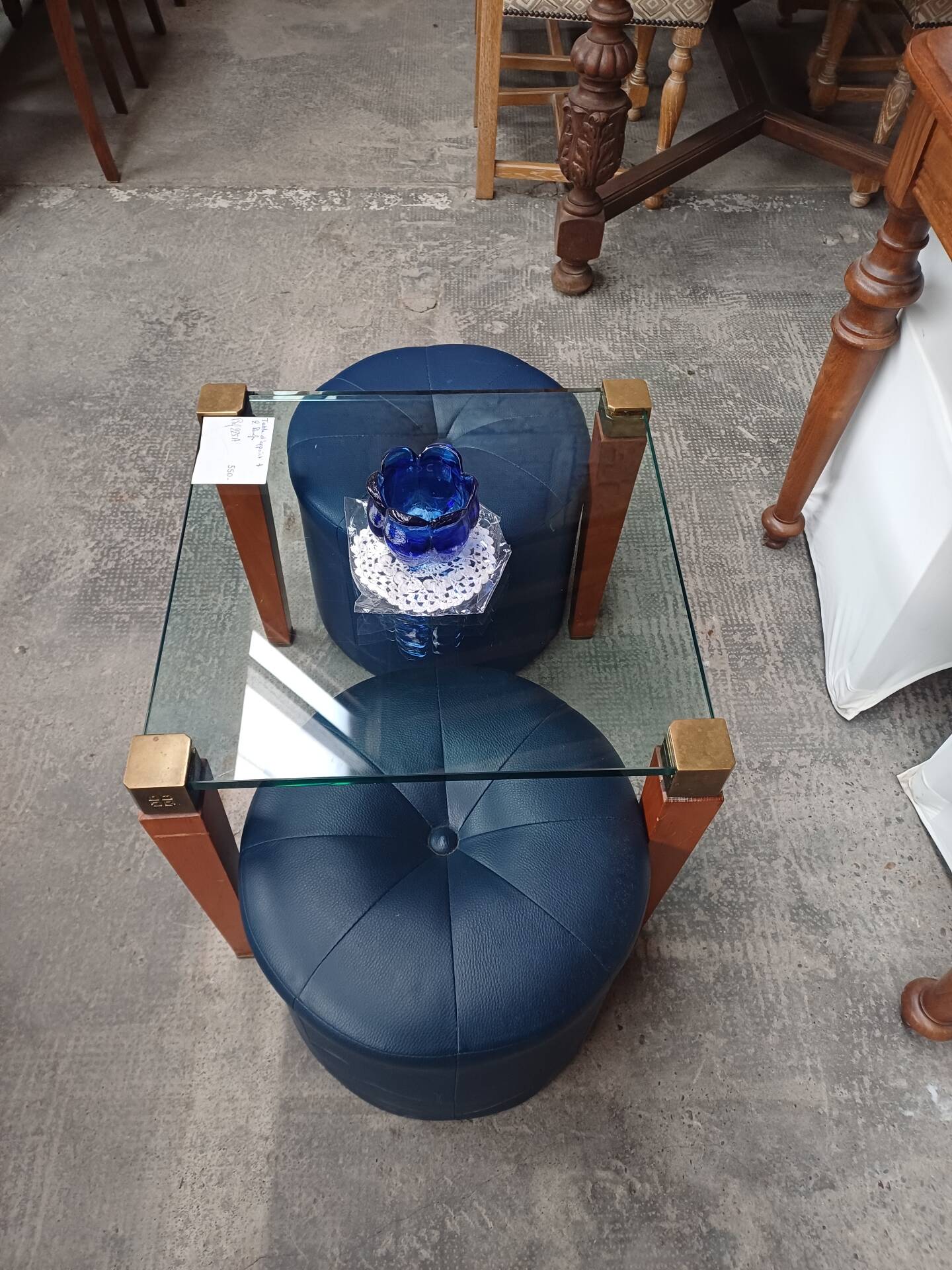 Modernist Design Side Table + 2 Blue Leather Poufs