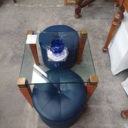 Modernist Design Side Table + 2 Blue Leather Poufs