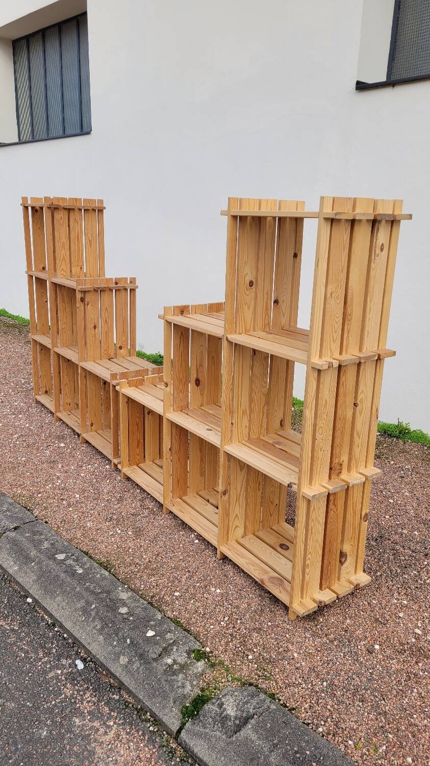 Pair of vintage pine "staircase" bookcase shelves - 1970s