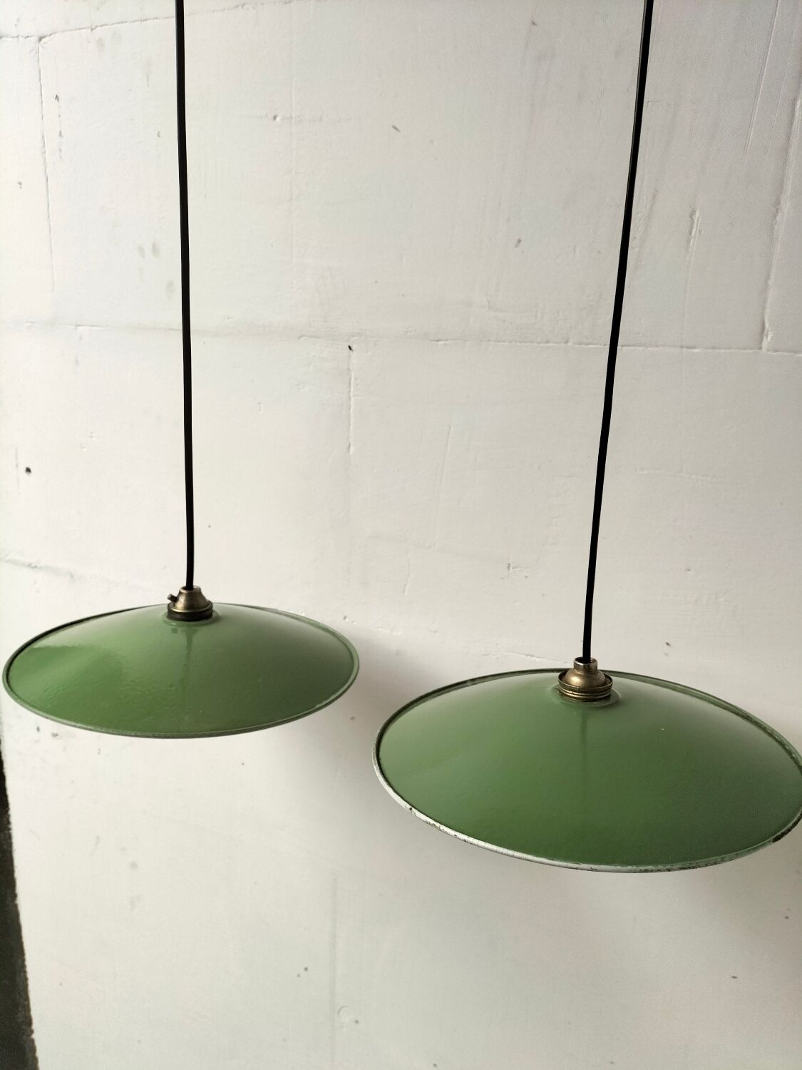 Pair of enamelled metal pendant lights