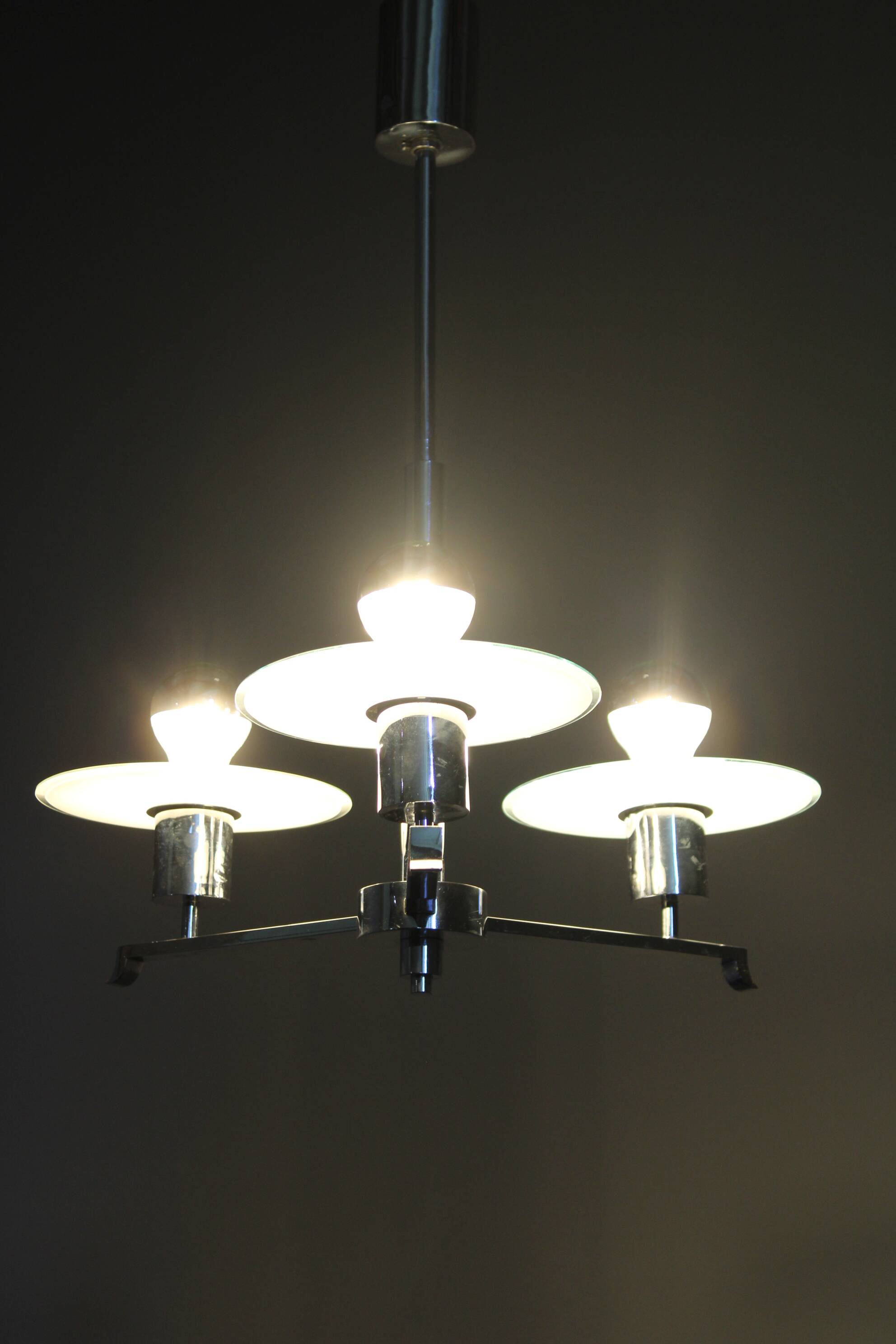 Art Deco chrome and sandblasted glass chandelier, Czechoslovakia, 1940s