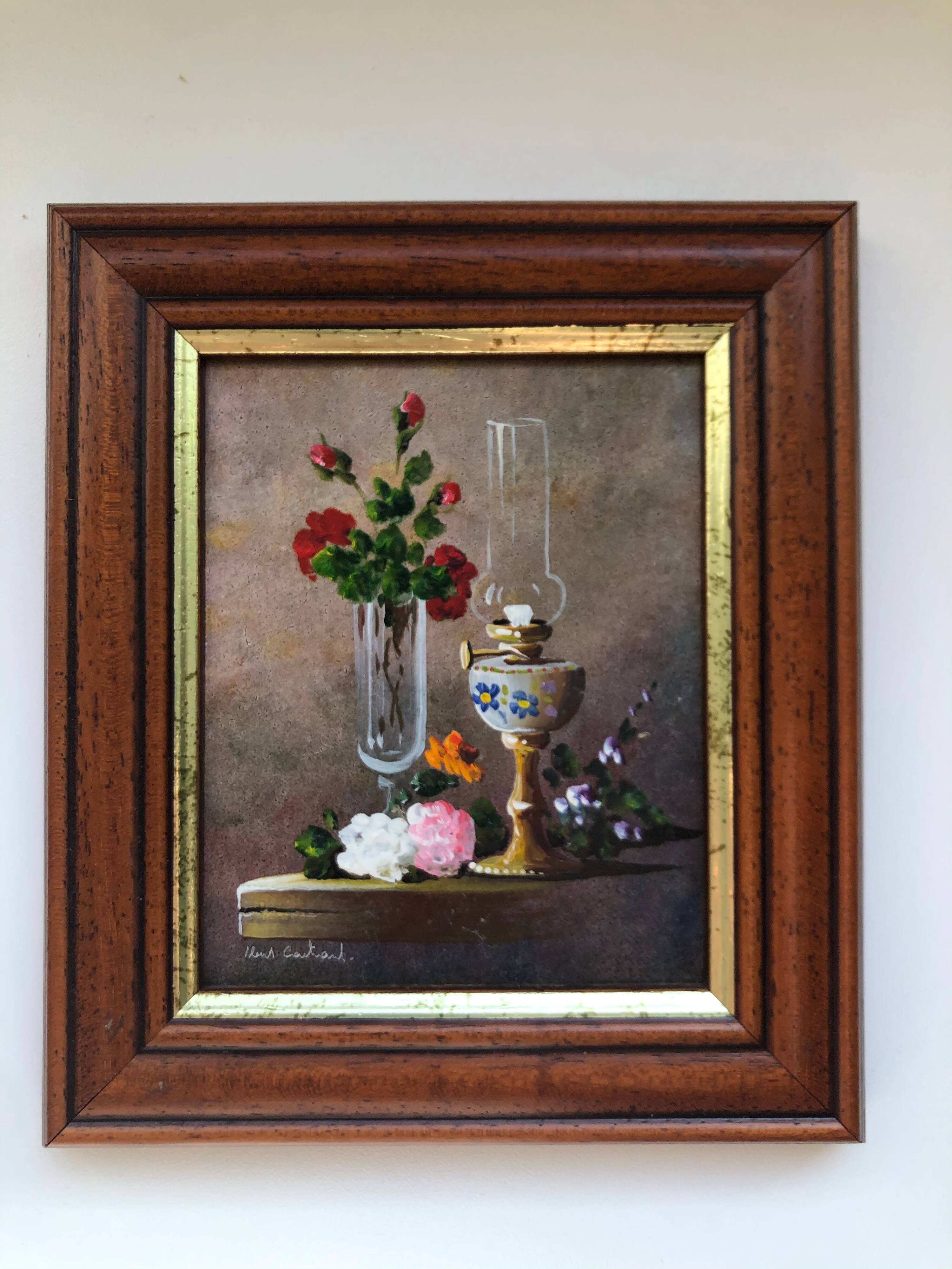Small Painting, Flowers and Oil Lamp, Signed, 1970s
