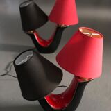 Pair of double fire lamps in red and black ceramic 50s