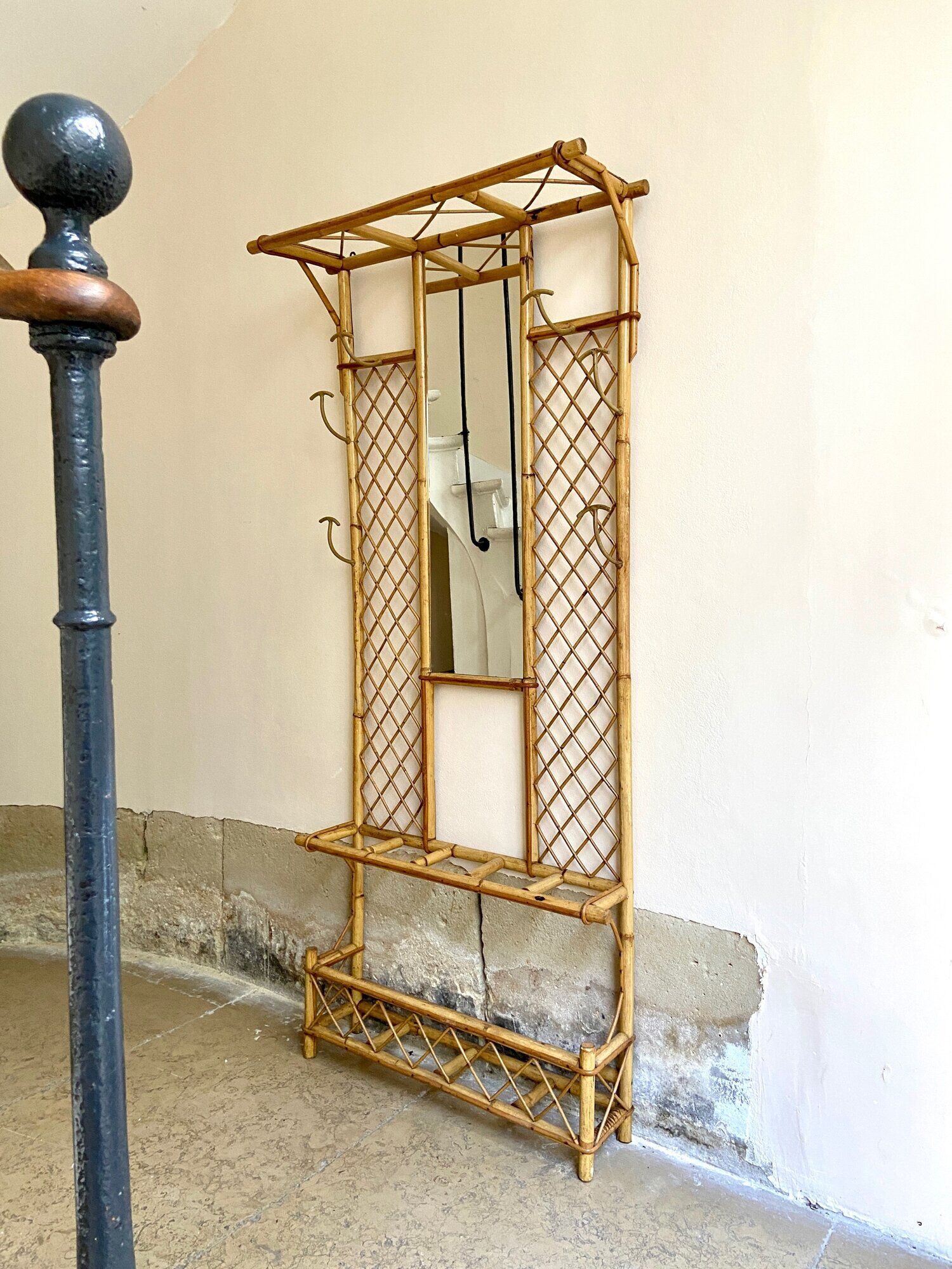 Wall-mounted coat rack with mirror and umbrella stand, 1950s-60s