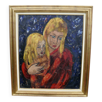 Painting by Maurice Henry D'ANTY, portrait of a mother and her daughter