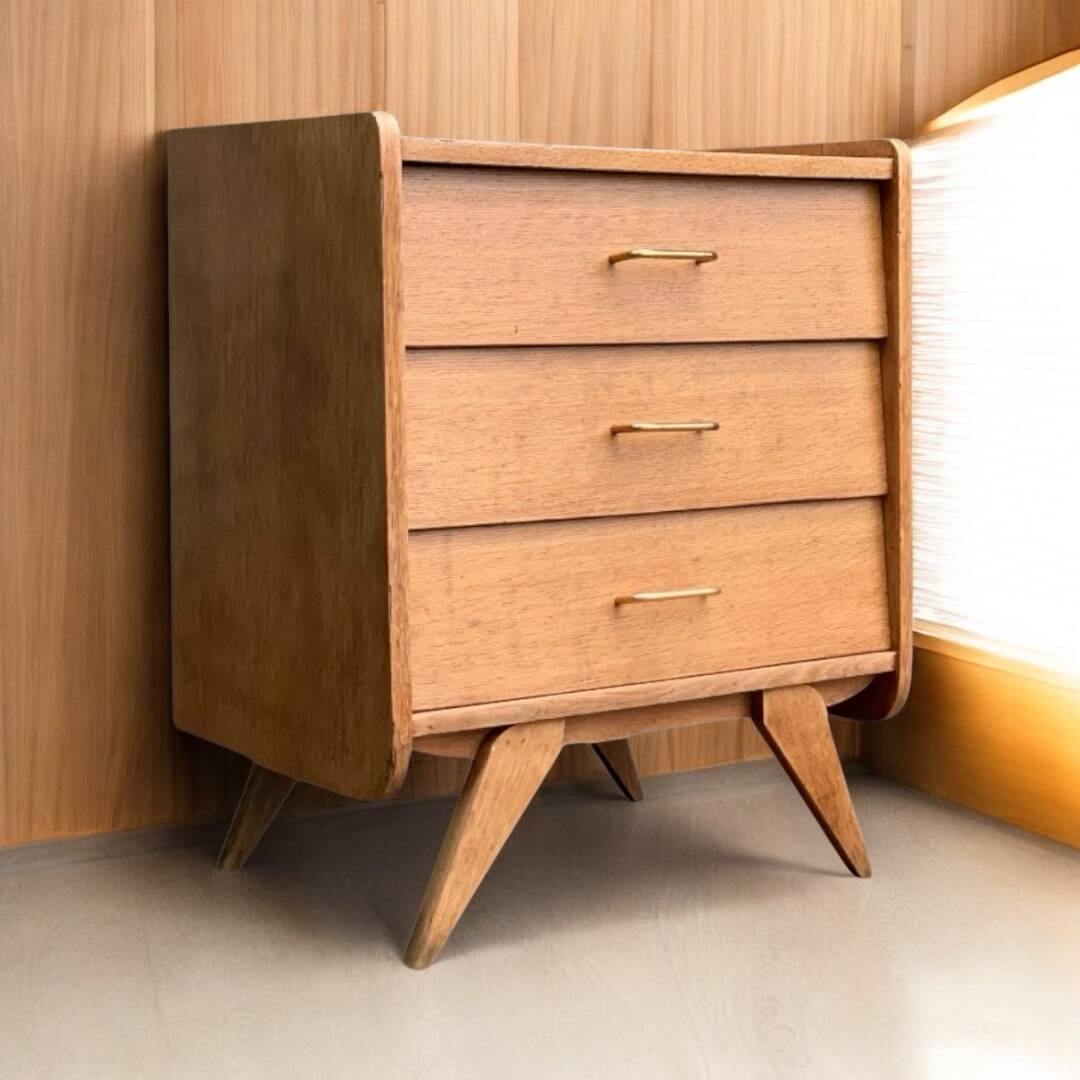 Vintage chest of drawers with compass feet, raw oak, 1960