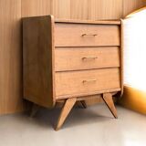 Vintage chest of drawers with compass feet, raw oak, 1960