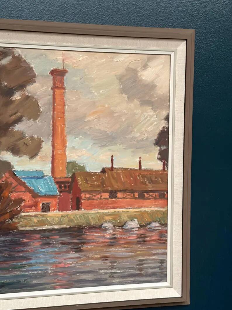 Original Swedish Oil on Panel - "Coastal Village" by Helge Andersson - Dated 1965 - Framed - 86 × 64 cm