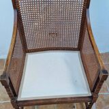 Vintage armchair in turned wood and cane, upholstered seat, 1940s