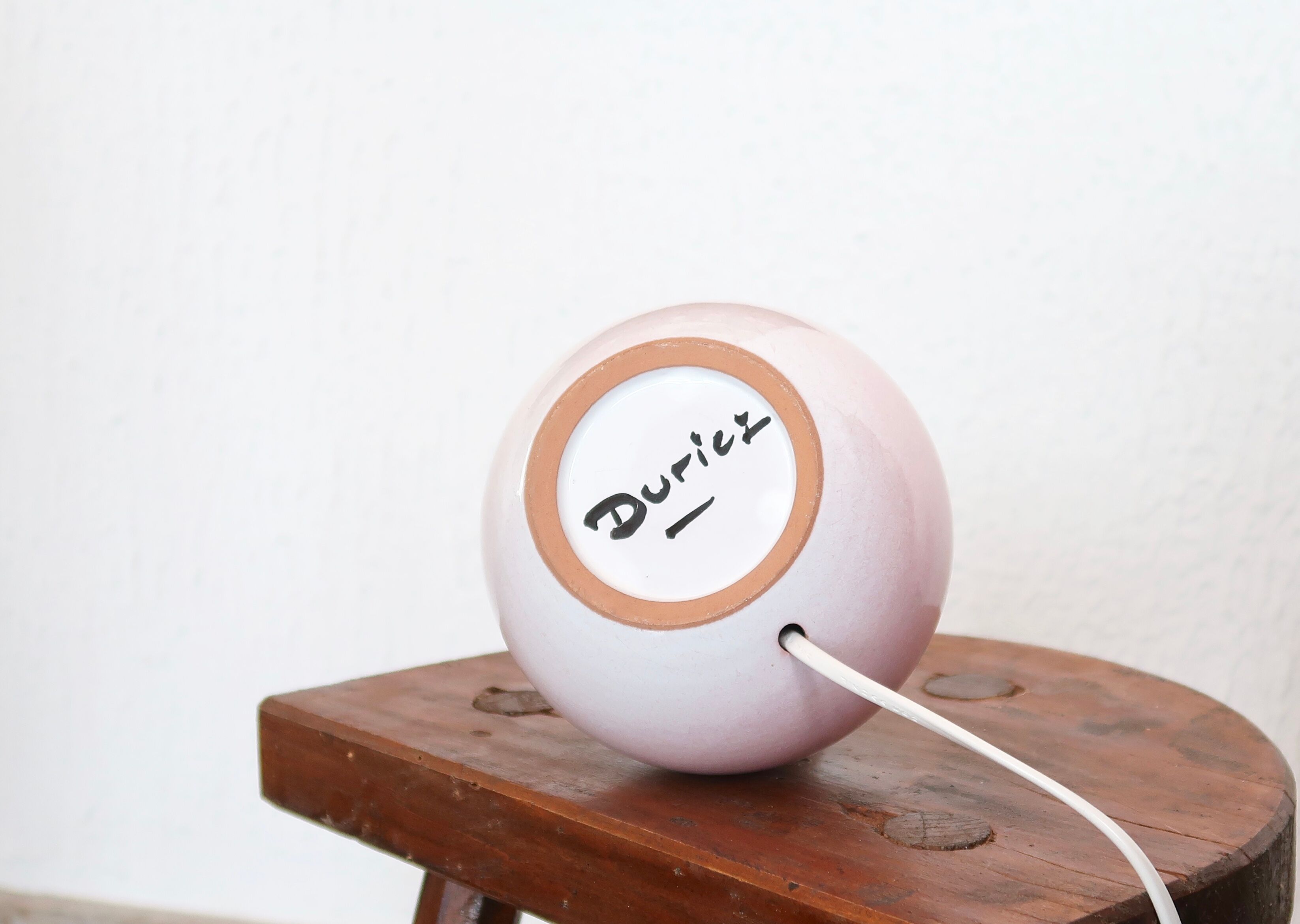 Pink ceramic lamp signed Duriez, raffia lampshade, 80s