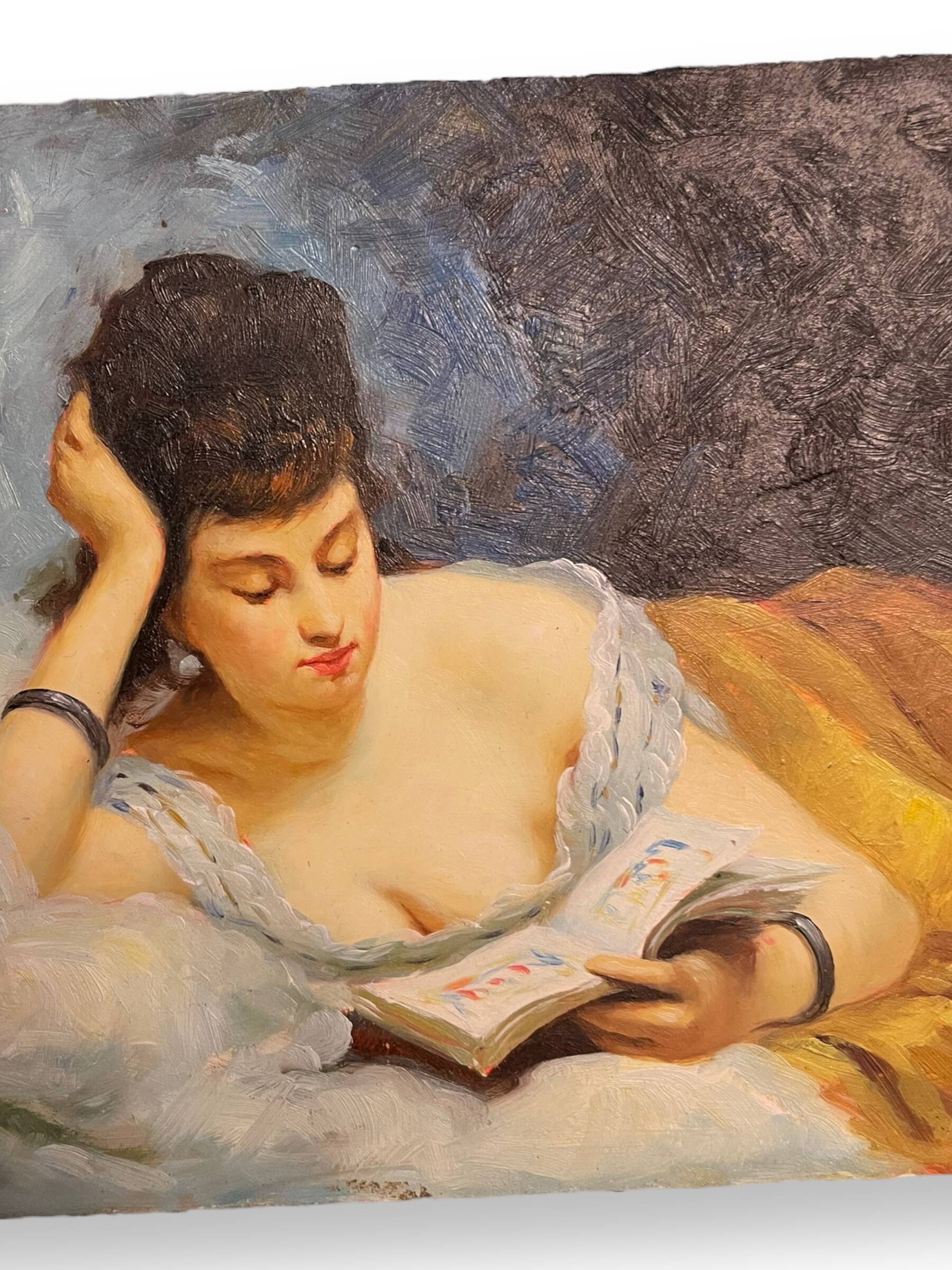 Young woman lying reading oil on panel