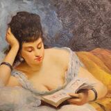 Young woman lying reading oil on panel