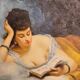 Young woman lying reading oil on panel