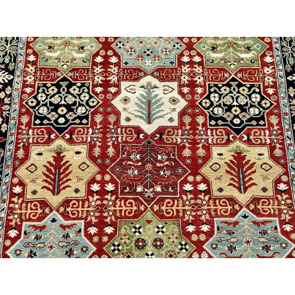 Hand-Knotted Wool Area Rug, Red Geometric Botanical Carpet for Living Room