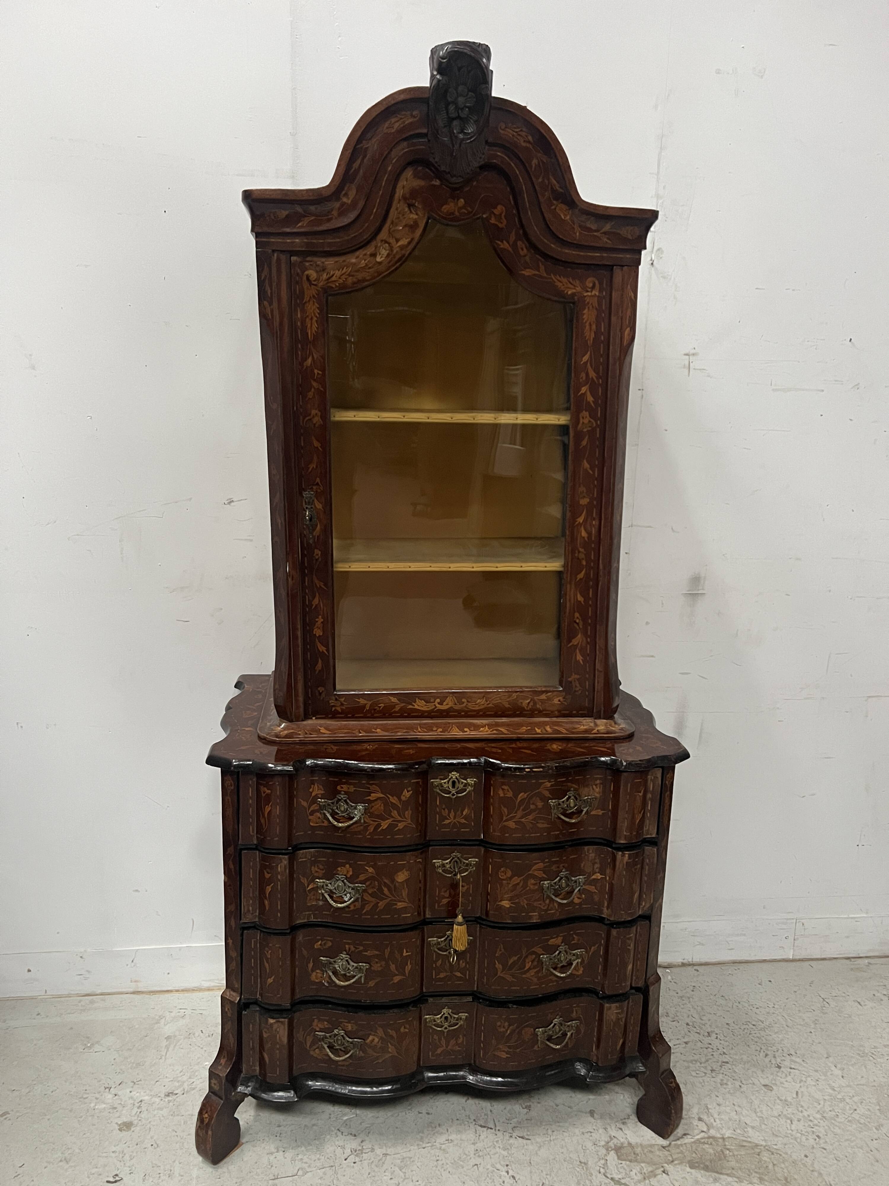 Dutch display cabinet in two parts made of marquetry wood.