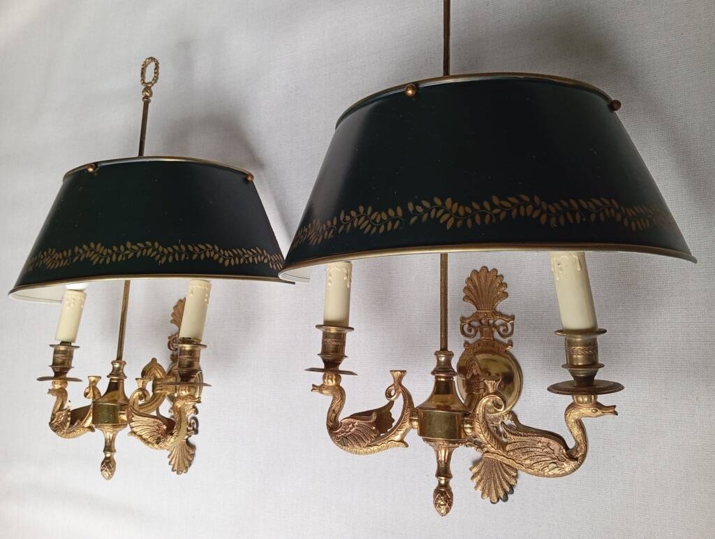 Pair of bronze and sheet metal hot water bottle wall lights