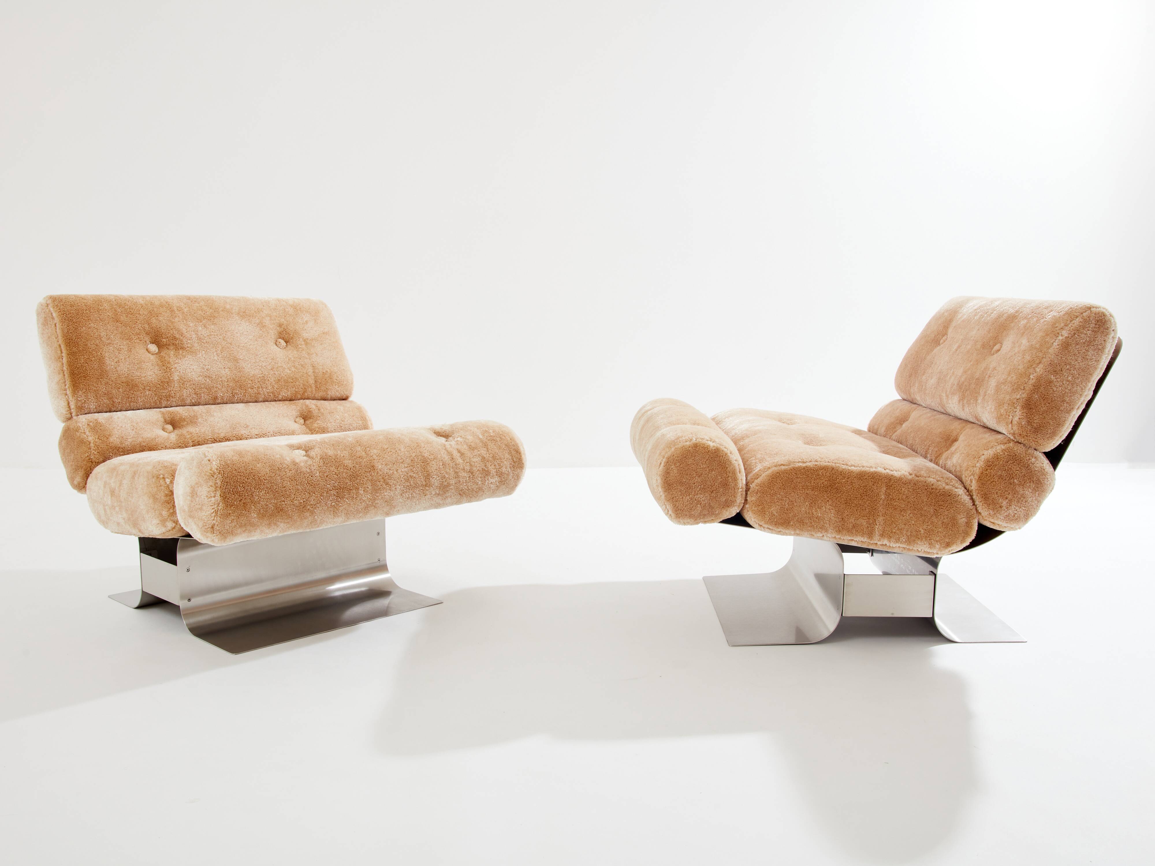 Pair of steel and Mohair velvet armchairs by François Monnet 1970