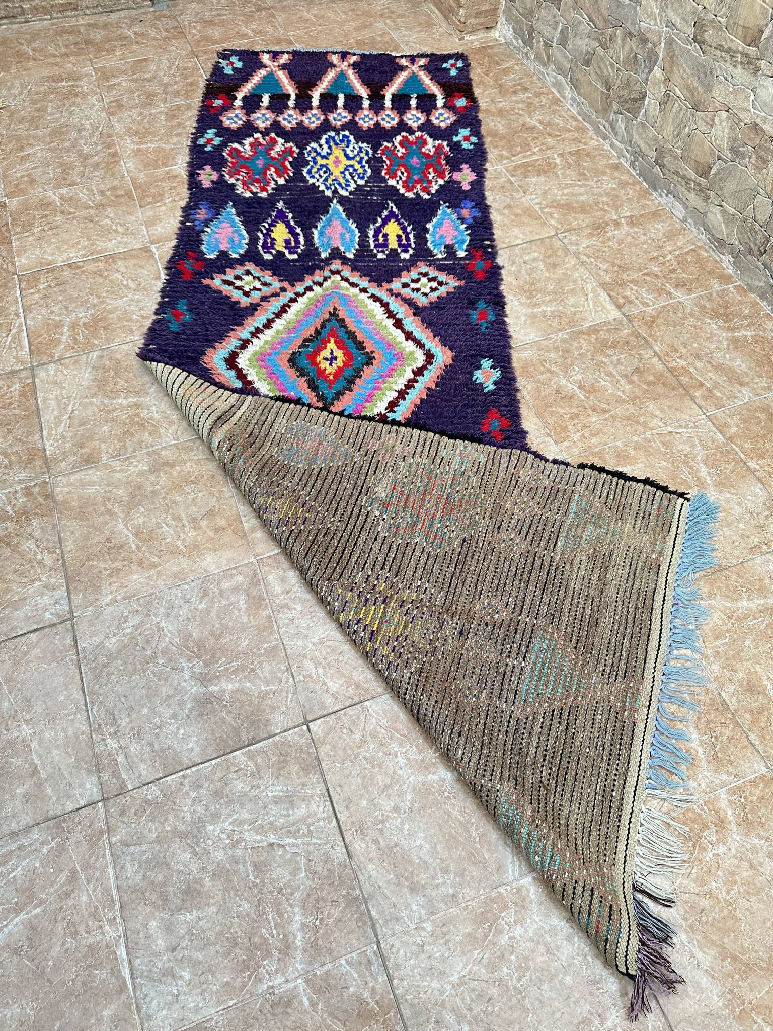 Vintage Boucherouite hallway runner: Moroccan Berber rug