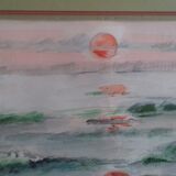 Tableau ancien , aquarelle " soleil couchant "