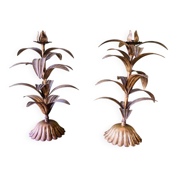 Paire de chandeliers à feuilles dorées des années 60