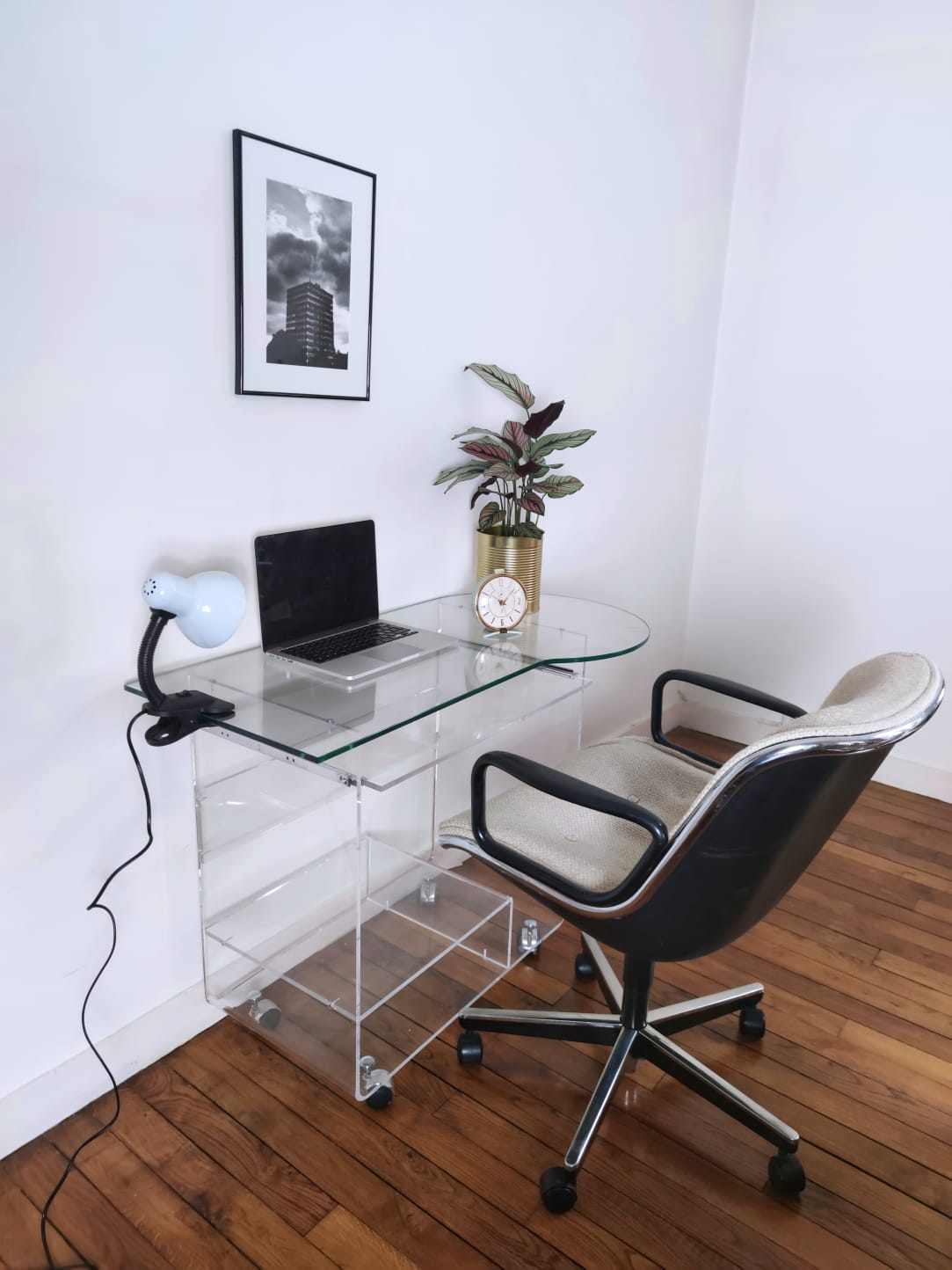 Small glass desk and plexiglass