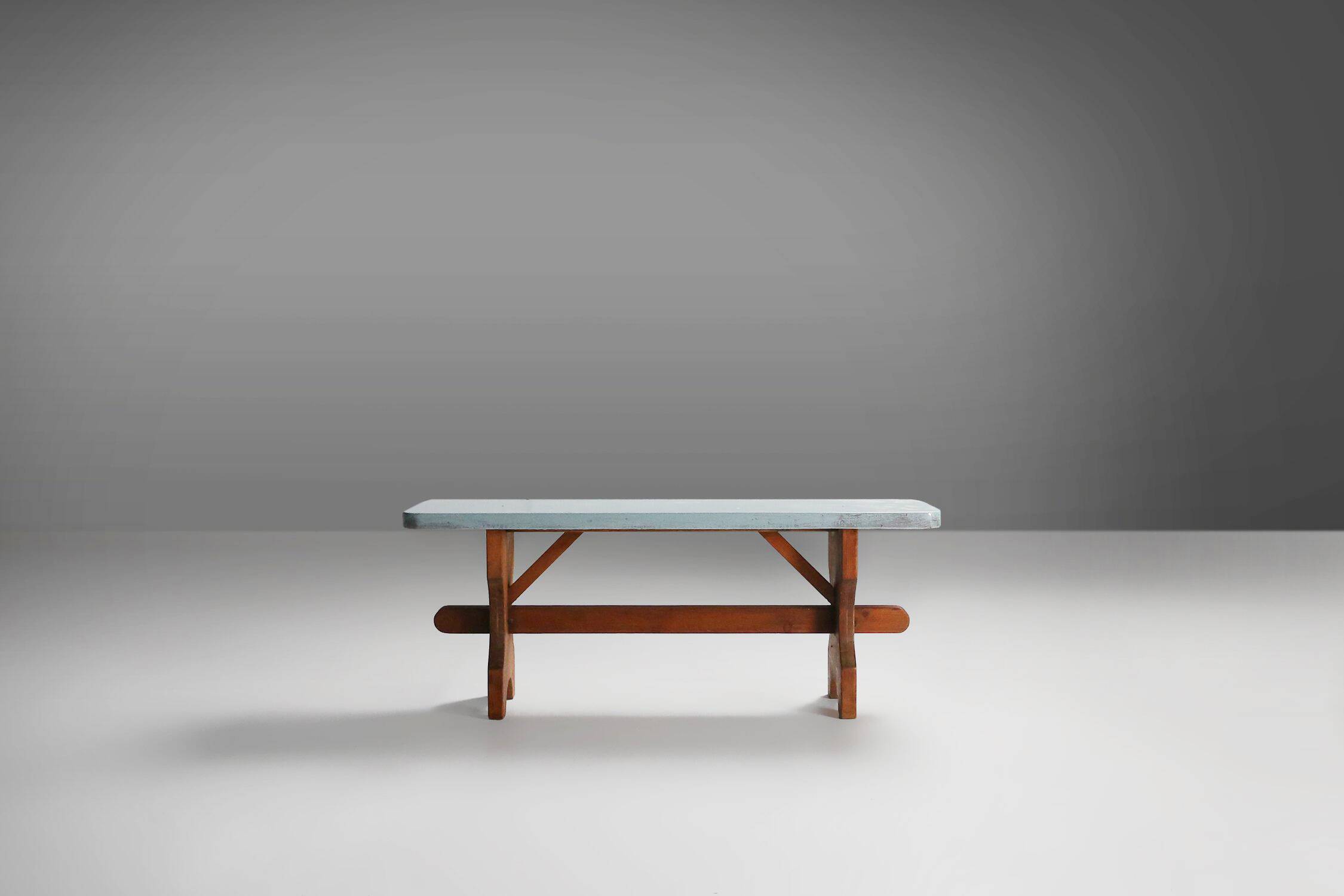 Rustic Art Deco Wooden Bench with Blue Top, France, 1930s