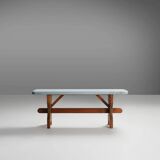 Rustic Art Deco Wooden Bench with Blue Top, France, 1930s