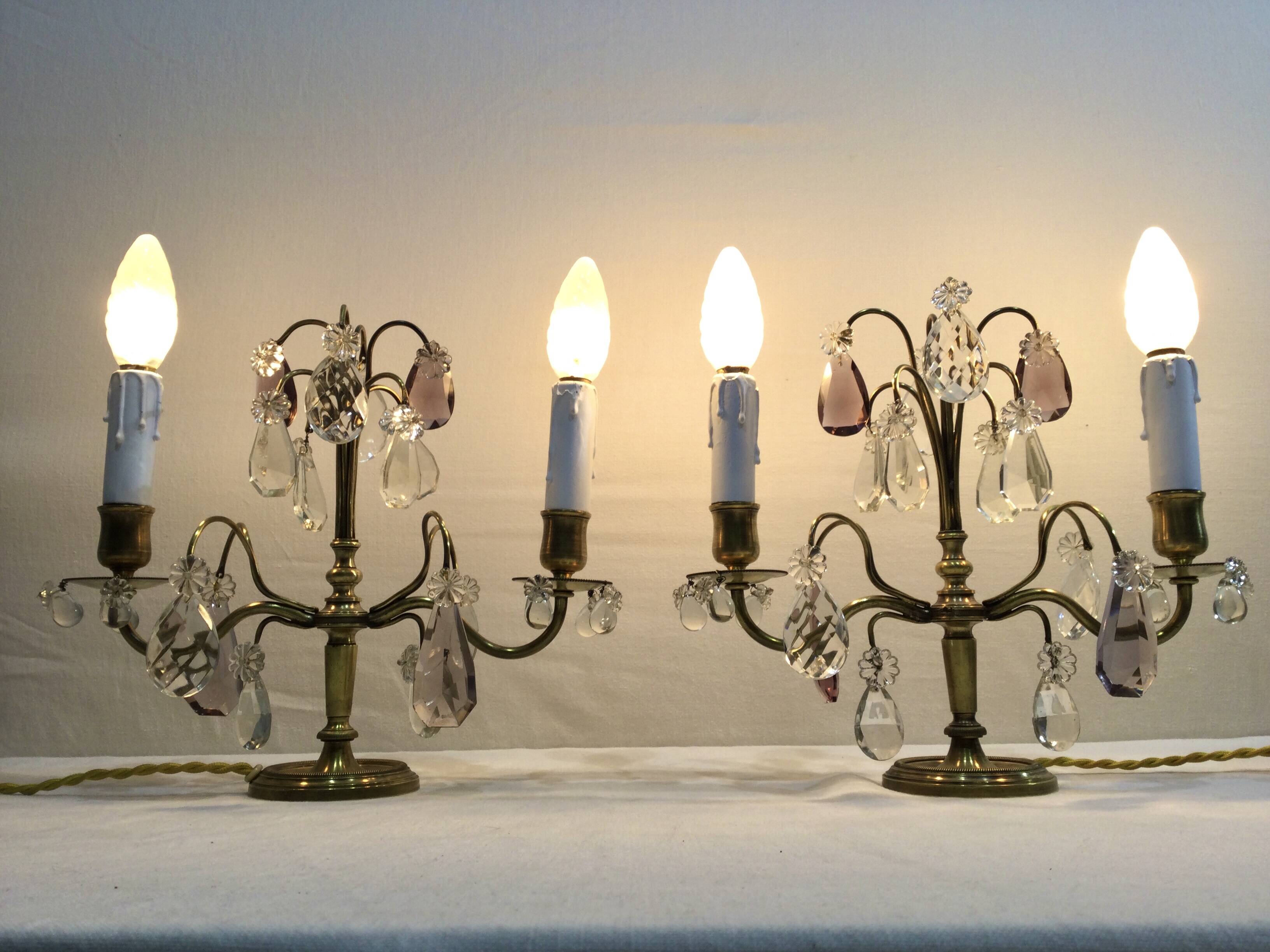 Pair of girandole lamps in bronze and crystal