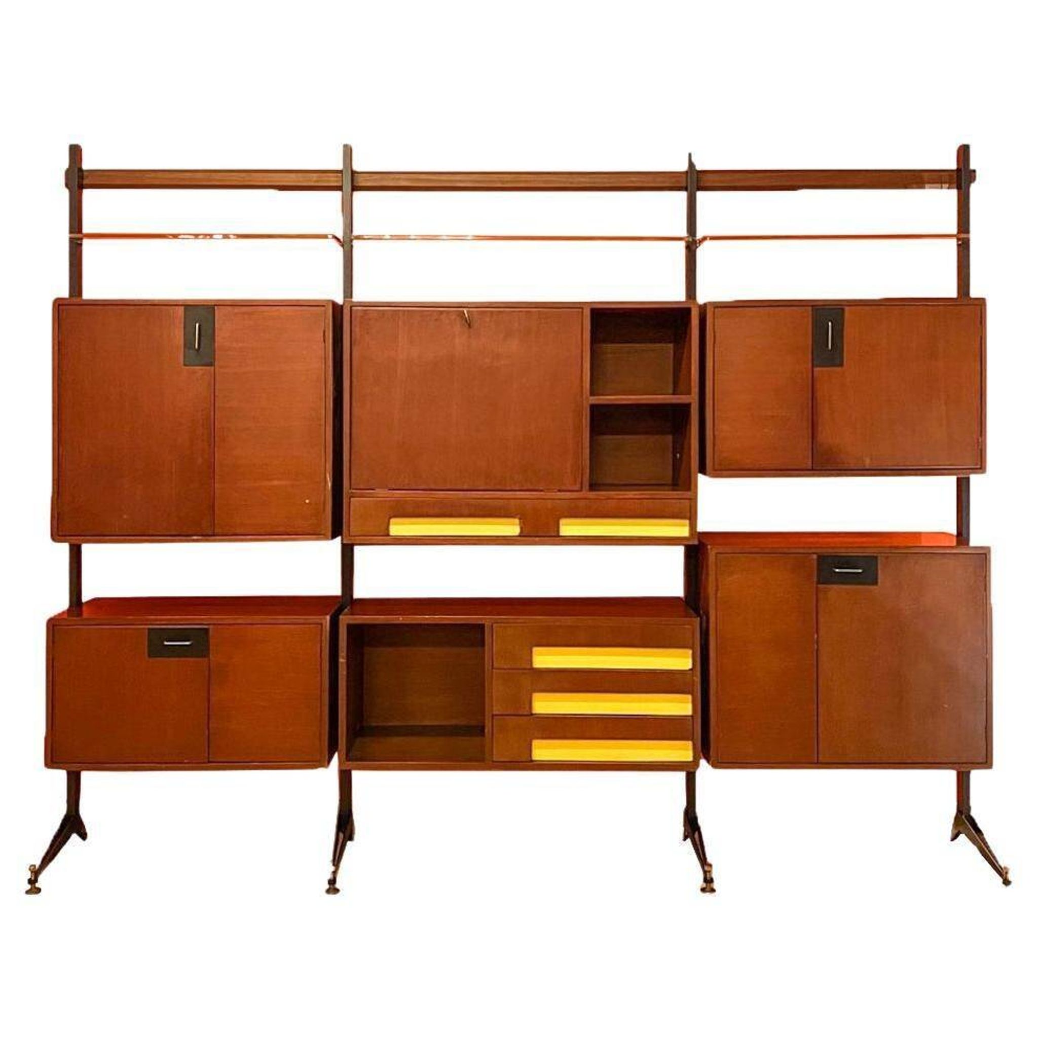 Mid-Century Modern Modular Bookcase, Wood & Metal, Italy, 1960s