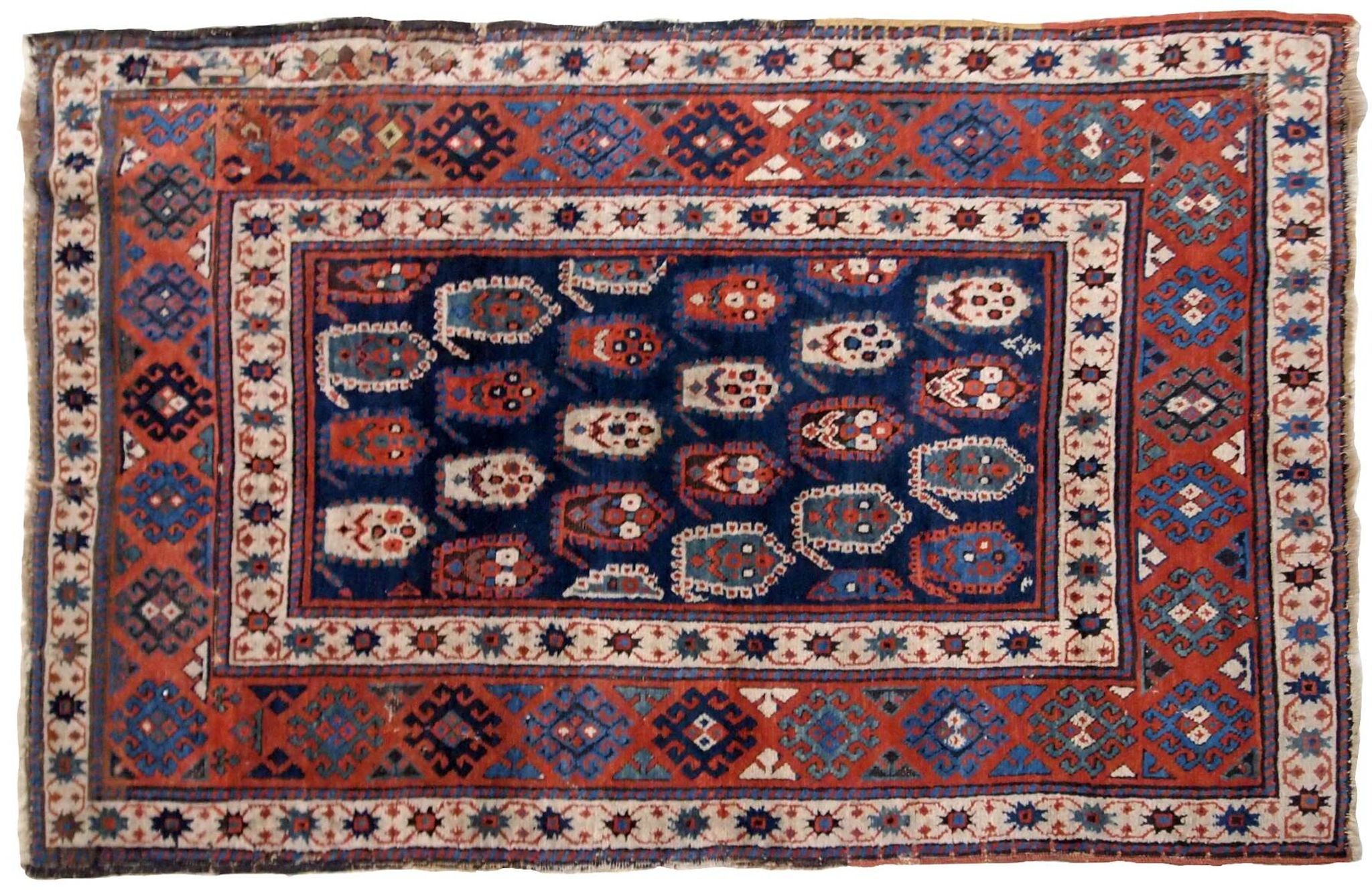 Handmade antique Caucasian Kazak rug 4.1' x 6.3' (125cm x 192cm) 1870s - 1B665